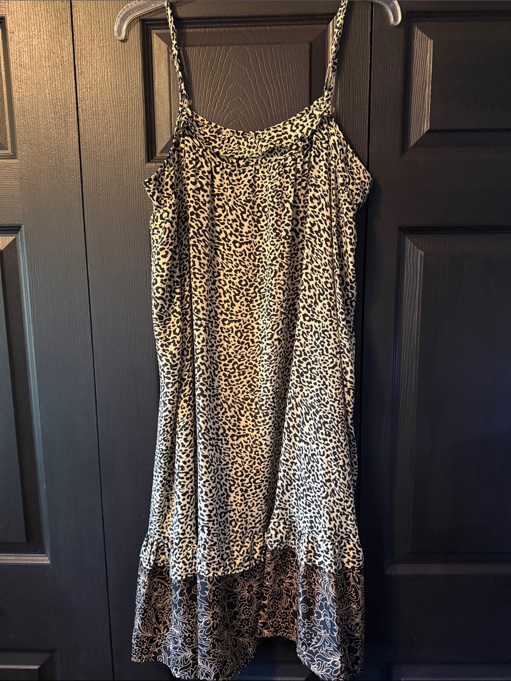 Leopard Print Midi Slip Dress with Floral Ruffle - Black & Cream women’s